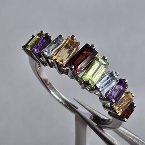 Sterling Silver Multi Gemstone Ring Rainbow Baguette Amethyst Topaz Citrine Sz 7
